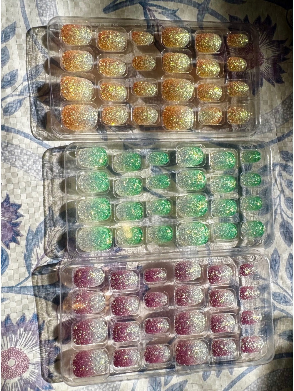 Set of 3 Packs of Glitter Ombre Press-On Nails in Orange, Green, and Purple